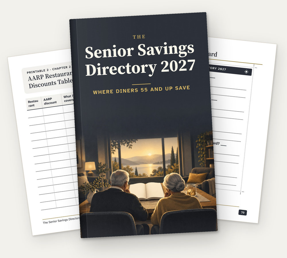 The cover of The Senior Savings Directory 2027, with two of its printable pages